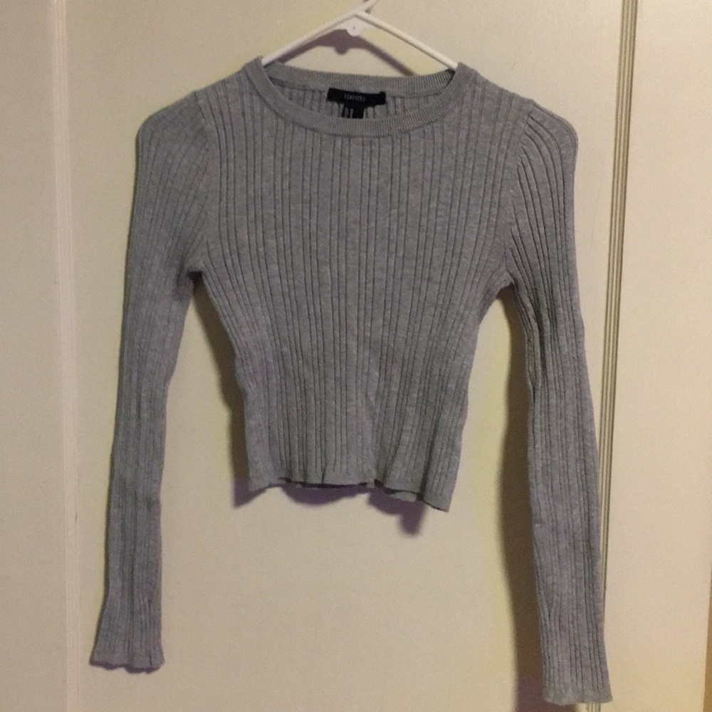 Ribbed, Gray, High Neck Long Sleeve